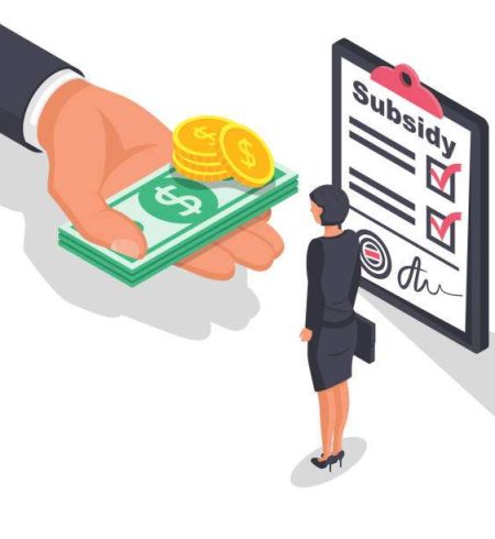 Registration of subsidies. Document and money. Please get a discount on payment. Vector illustration isometric design. Isolated on white background.