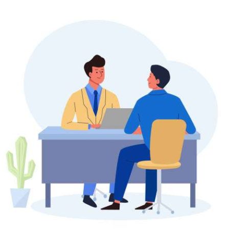 Job interview. HR manager with laptop talking to the candidate. Vector illustration in flat style for human resource concept